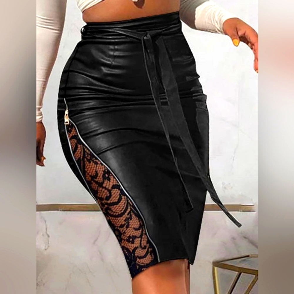 Faux Leather Patent Vinyl Skirt w/side Lace & Zipper Accent Fetish Dominatrix